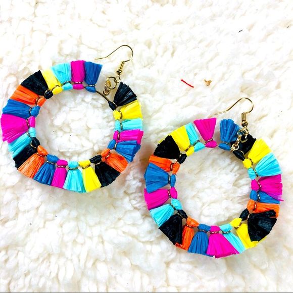 Hoop earrings with bright rainbow tassels around whole hoop - Picture 2 of 3